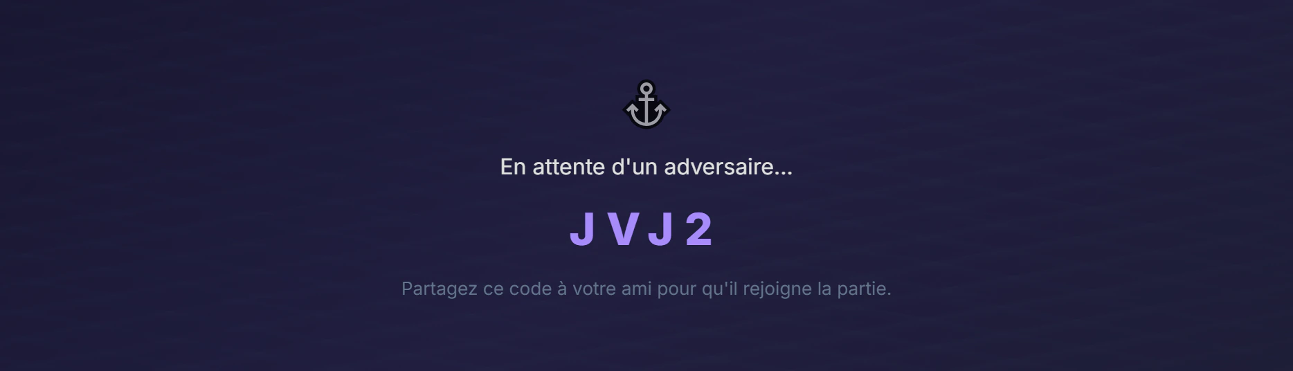 Salle d'attente d'une partie multijoueur de Bataille Navale en ligne, avec un code à quatre caractères à partager pour qu'un ami rejoigne la partie