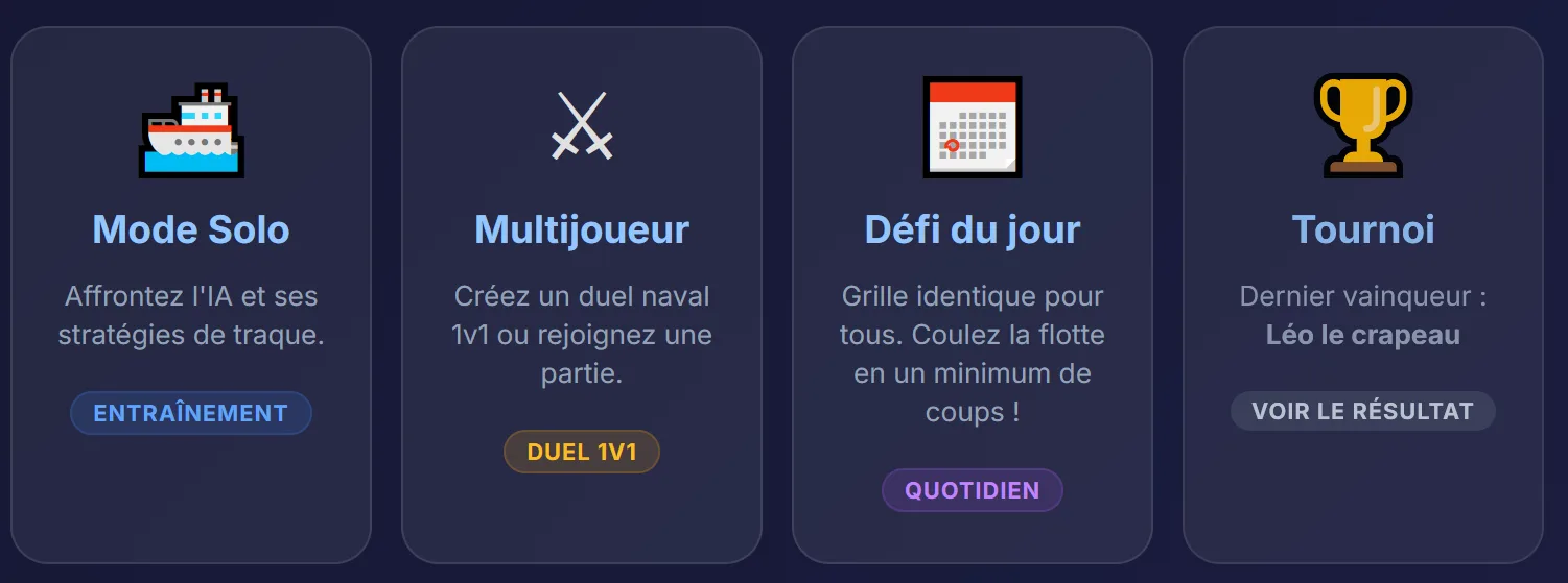 Page d'accueil de Bataille Navale en ligne avec les modes de jeu : Mode Solo, Multijoueur et Défi du jour